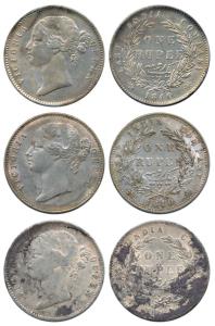Victoria Queen, Silver Rupee (3), 1840, divided legend, obv. WW raised, rev. 28 Berries. F