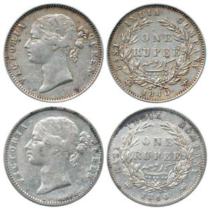 Victoria Queen, Silver Rupee (2), 1840, divided legend, obv. WW raised , font style, and s