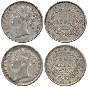Victoria Queen, Silver Rupee (2), 1840, divided legend, obv. WW raised , font style, and s