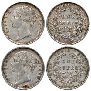 Victoria Queen, Silver Rupee (2), 1840, divided legend, Madras Mint, both obv. WW 'B' rais