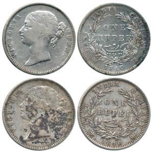 Victoria Queen, Silver Rupee (2), 1840, divided legend, Madras Mint, obv. WW 'S' raised, r