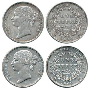 Victoria Queen, Silver Rupee (2), 1840, divided legend, Madras Mint, first coin obv. WWB r