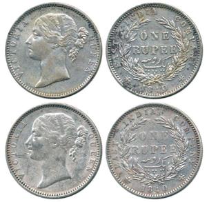 Victoria Queen, Silver Rupee (2), 1840, divided legend, Madras Mint, obv. WWB raised , rev