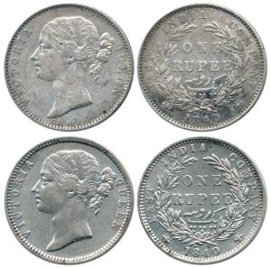 Victoria Queen, Silver Rupee (2), 1840, divided legend, Madras Mint, obv. WWS raised , rev
