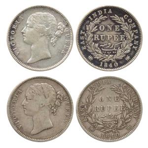 Victoria Queen, Silver Rupee (2), 1840, divided legend, Madras Mint, obv. WWS raised, rev.