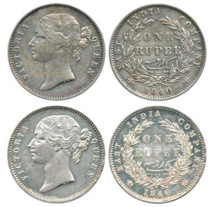 Victoria Queen, Silver Rupee (2), 1840, divided legend, obv. WW raised, rev. 28 Berries. V