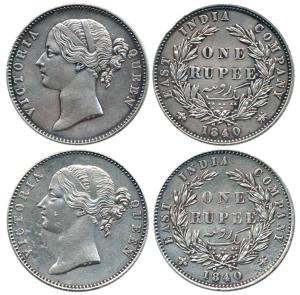 Victoria Queen, Silver Rupee (2), 1840, divided legend, obv. w / w / raised, oblique sign 