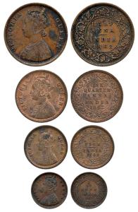 Victoria Queen (Crowned), Copper (4), ½ Anna, ¼ Anna, ½ Pice and 1/12 Anna, 1862. Very Fin