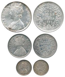Victoria Queen, Silver (3), Rupee, ½ Rupee and 2 Annas, 1862. About Very Fine To Fine+, Sc
