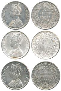 Victoria Queen, Silver Rupee (3), 1862, Calcutta Mint, A / I / 0 / 0 with Crescent, 1862, 