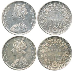 Victoria Queen, Silver Rupee (2), 1862, Bombay Mint, A / II / 0 / 4 dots. Very Fine+ to Ex