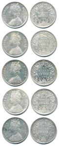 Victoria Queen, Silver Rupee (5), 1862, Calcutta Mint, A / I / 0 / 0 with Crescent, 1862, 
