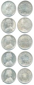 Victoria Queen, Silver Rupee (5), 1862, Calcutta Mint, A / I / 0 / 0 with Crescent, 1862, 
