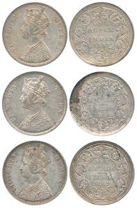 Victoria Queen, Silver Rupee (3), 1862, Bombay Mint, A / II / 0 / 10 dots. Very Fine+ to E