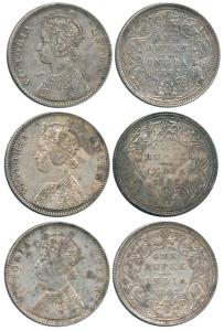 Victoria Queen, Silver Rupee (3), 1862, Bombay Mint, A / II / 0 / 10 dots. About Very Fine