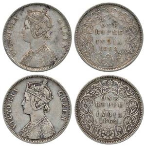 Victoria Queen, Silver Rupee (2), 1862, Calcutta Mint, A / III / 0 / 0. About Very Fine. S