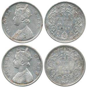 Victoria Queen, Silver Rupee (2), 1862, Calcutta Mint, A / III / 0 / 0 and B / III / 0 / 0