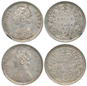 Victoria Queen, Silver Rupee (2), 1862, Bombay Mint, A / II / 1 / 2 with Crescent and C / 