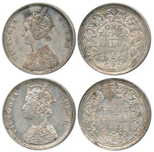 Victoria Queen, Silver Rupee (2), 1862, Bombay Mint, A / II / 1 / 2 with Crescent and C / 