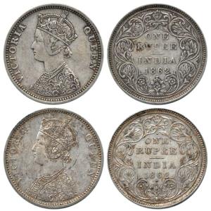 Victoria Queen, Silver Rupee (2), 1862, Bombay Mint, A / II / 1 / 2 with Crescent and C / 