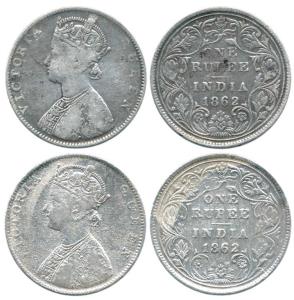 Victoria Queen, Silver Rupee (2), 1862, Bombay Mint, obv. '5' Panels, rev. II, Experimenta