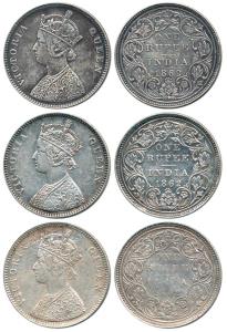 Victoria Queen, Silver Rupee (3), 1862, Bombay Mint, A / II / 0 / 4. About Very Fine to Ve