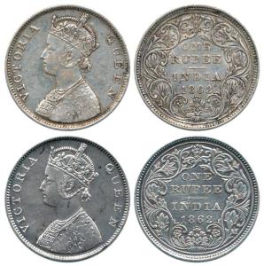 Victoria Queen, Silver Rupee (2), 1862, Bombay Mint, B / II / 0 / 4. Fine+ to About Very F