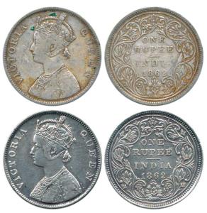 Victoria Queen, Silver Rupee (2), 1862, Bombay Mint, B / II / 0 / 4. Fine+ to About Very F