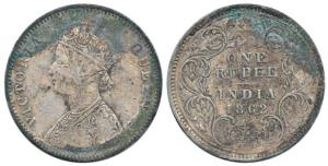 Victoria Queen, Silver Rupee, 1862, Bombay Mint, A / I / 0 / 4. Rare, Fine+.