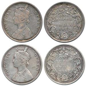 Victoria Queen, Silver Rupee (2), 1862, Calcutta Mint, A / II(a)/ 0 / 0, 4 Pineapple and A