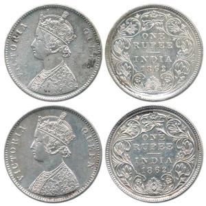 Victoria Queen, Silver Rupee (2), 1862, Calcutta Mint, A / II(a)/ 0 / 0, 4 Pineapple and A