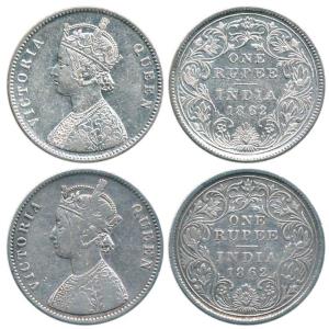 Victoria Queen, Silver Rupee (2), 1862, Calcutta Mint, A / II(a)/ 0 / 0, 4 Pineapple. Fine