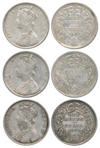 Victoria Queen, Silver Rupee (3), 1862, Calcutta Mint, B / II(c)/ 0 / 0, 1 Pineapple, B / 