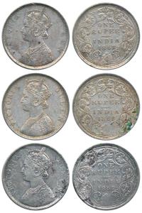 Victoria Queen, Silver Rupee (3), 1862, Bombay Mint, B / II(a)/ 0 / 0, 4 Pineapple. Fine+ 