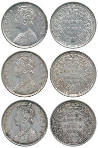Victoria Queen, Silver Rupee (3), 1862, Bombay Mint, B / II(a)/ 0 / 0, 4 Pineapple. About 