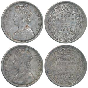 Victoria Queen, Silver Rupee (2), 1862, Calcutta Mint, B / II(c)/ 0 / 0, 1 Pineapple. Rare