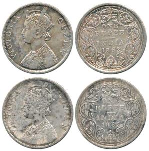Victoria Queen, Silver Rupee (2), 1862, Calcutta Mint, B / II(c)/ 0 / 0, 1 Pineapple. Rare