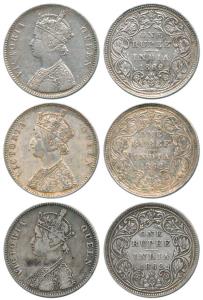 Victoria Queen, Silver Rupee (3), 1862, Bombay Mint, A / II / 0 / 7. Fine+ to Very Fine. (