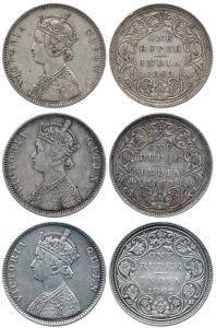 Victoria Queen, Silver Rupee (3), 1862, Bombay Mint, A / II / 0 / 7. About Very Fine to Ve