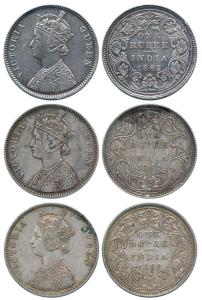 Victoria Queen, Silver Rupee (3), 1862, Bombay Mint, A / II / 0 / 6, A / II / 07 (2). Abou