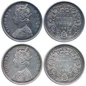 Victoria Queen, Silver Rupee (2), 1862, Bombay Mint, A / II / 0 / 7. Very Fine. (2)