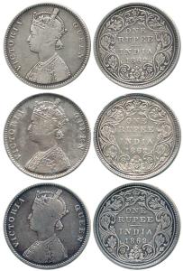 Victoria Queen, Silver Rupee (3), 1862, Bombay Mint, A / II / 0 / 10. Fine to Fine+. (3)