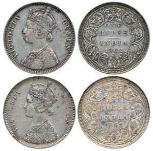 Victoria Queen, Silver Rupee (2), 1862, Bombay Mint, A / II / 1 / 1 without Crescent. Abou