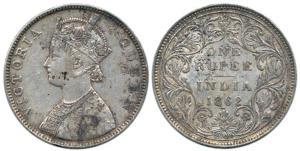 Victoria Queen, Silver Rupee, 1862, Bombay Mint, B / II / 0 / 3, Bottom 3 dots Struck Off 