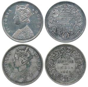 Victoria Queen, Silver Rupee (2), 1862, Bombay Mint, A / II / 1 / 1 with Crescent. About V