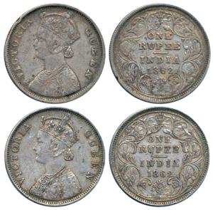 Victoria Queen, Silver Rupee (2), 1862, Bombay Mint, B / II / 0 / 0, thick lettering type.