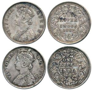 Victoria Queen, Silver Rupee (2), 1862, Bombay Mint, B / II / 0 / 0, thick lettering type.
