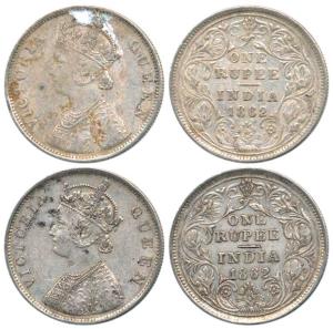 Victoria Queen, Silver Rupee (2), 1862, Bombay Mint, B / II / 0 / 0, thick lettering type.
