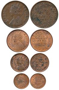 Victoria Empress, Copper (4), ½ Anna, ¼ Anna, ½ Pice and 1/12 Anna, 1877, 1891, 1901 and 1