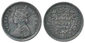 Victoria Queen, Silver 2 Annas, 1874, obv. A, rev. I. Rare, Very Fine.
